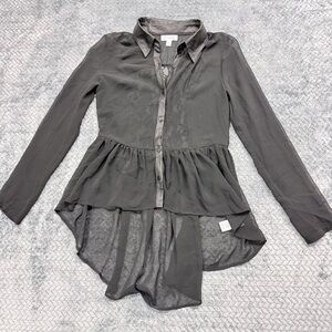 Olsenboye Black Sheer High-Low Peplum Button-Down Blouse Size XS